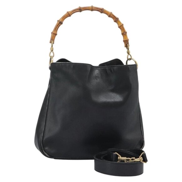 GUCCI Bamboo Shoulder Bag Leather 2way Black Gold 001 3754 1638 Auth 119968 - Picture 1 of 16